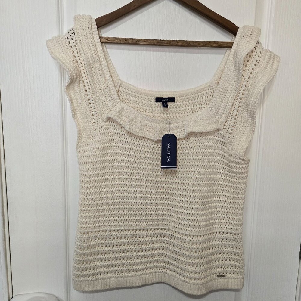 NWT Nautica Women's XL Almond Knit Crochet Sleeveless Ruffle Top Sweater